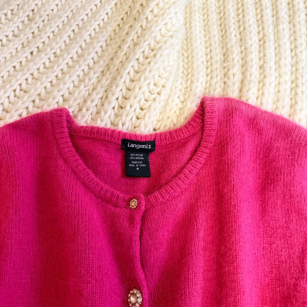 Langenis Hot Pink Angora Blend Cardigan Rhinestone Button Sweater Fuchsia Small - Picture 2 of 5